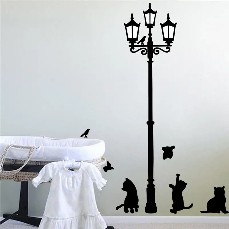 Cute Cat Playing Around Lamppost Wall Sticker Home Decors Diy Animals Kitten Decal Kids Room Wall Mural Art Pvc Poster