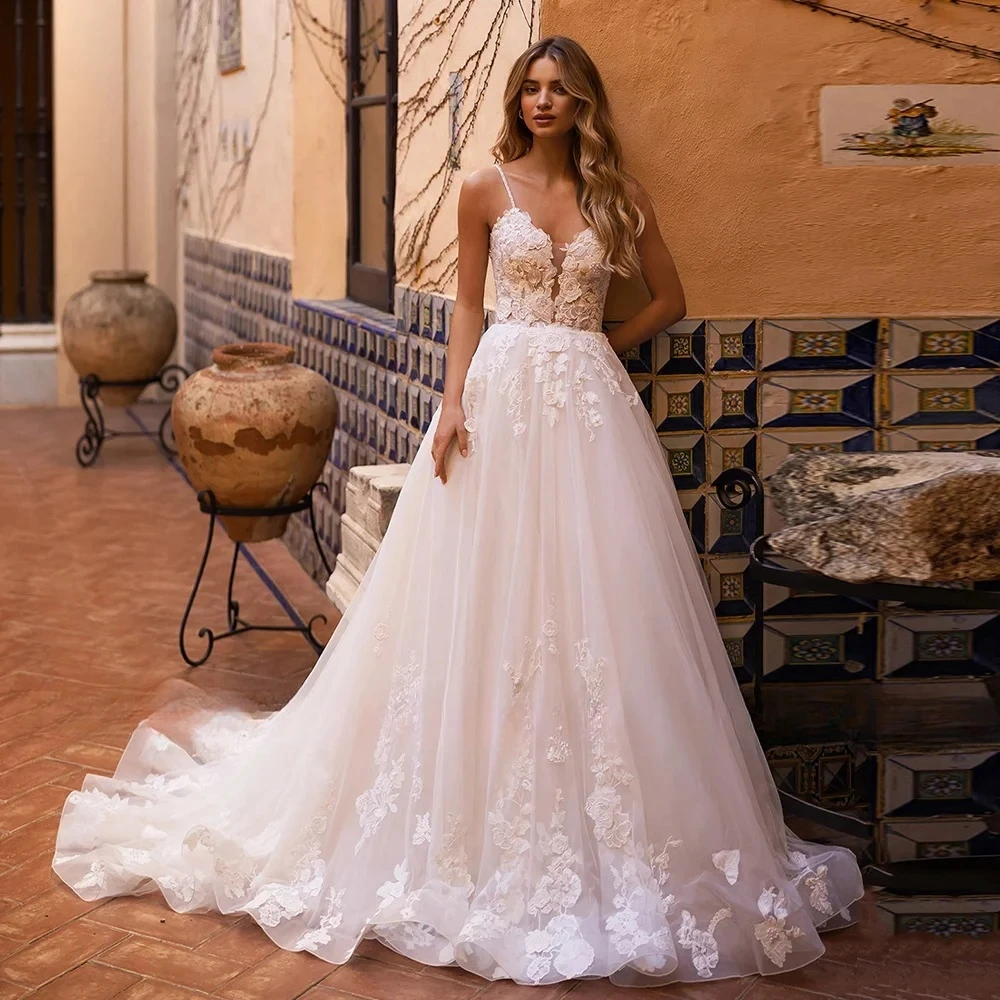 

Lorencia New Arrival Floral Lace Wedding Dress 2024 Appliques Spaghetti A Line Bridal Gown Bride Dress Vestido De Noiva YAW102