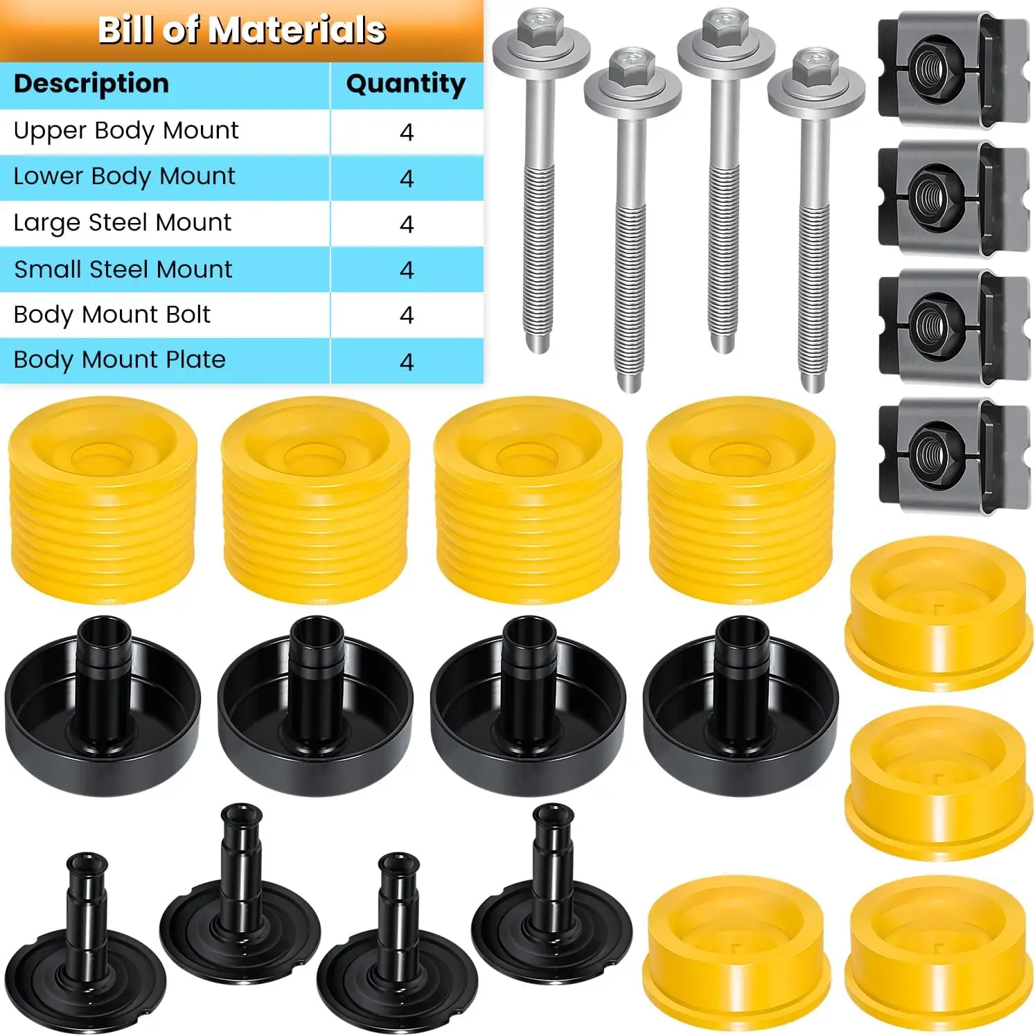 924-066 Kabinenkarosserie-Befestigungsbuchsensatz für Ford F250 F350 F450 F550 Super Duty 2008-2016 2WD 4WD Polyurethan Position 2 3 4 Gelb – Detail 6