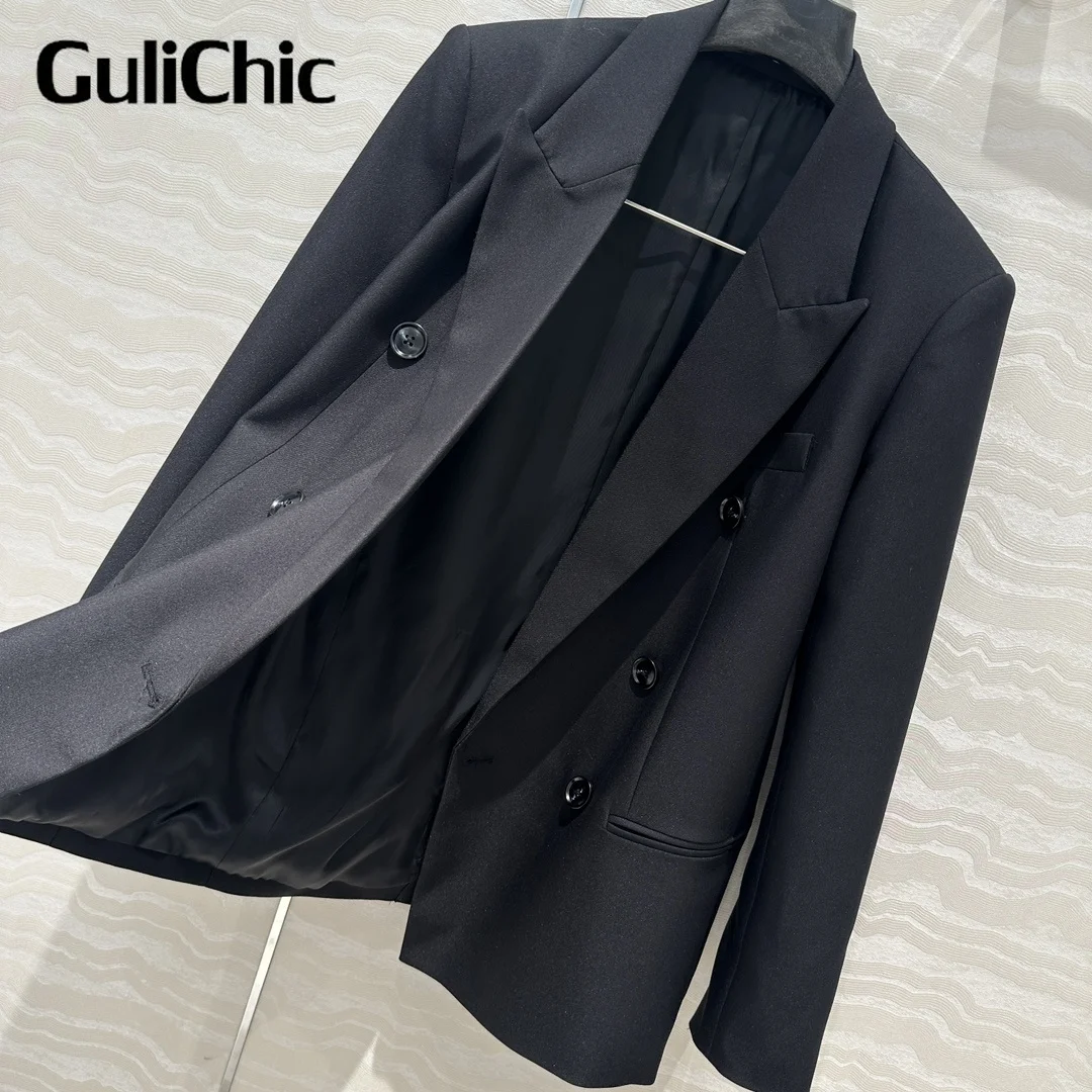 8.1 GuliChic 2024 High Quality Women Temperament Double Breasted Solid Color Loose Blazer Fashion All-Match Coat