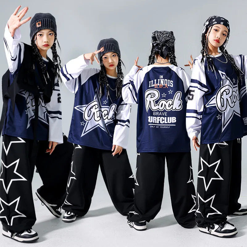 

Girls Hip Hop Star Sweatshirt Vest Joggers Pants Boys Cool Streetwear Clothes Set Kids Children Jazz Street Dance K-pop Costumes