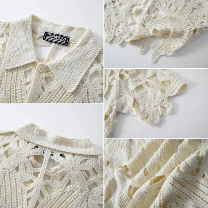 Vintage botão-up lapela camisas de malha dos homens sexy oco para fora transparente bordado camisa de malha para homem 2025 verão camisas elegantes