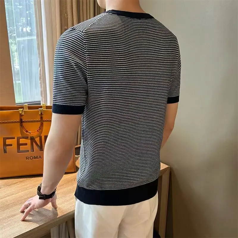 Trendyol Ice Silk Knitted T-shirt Summer Men Clothing Cootrast Color Youthful Vitality Breathable Short Sleeve Comfortable Tops