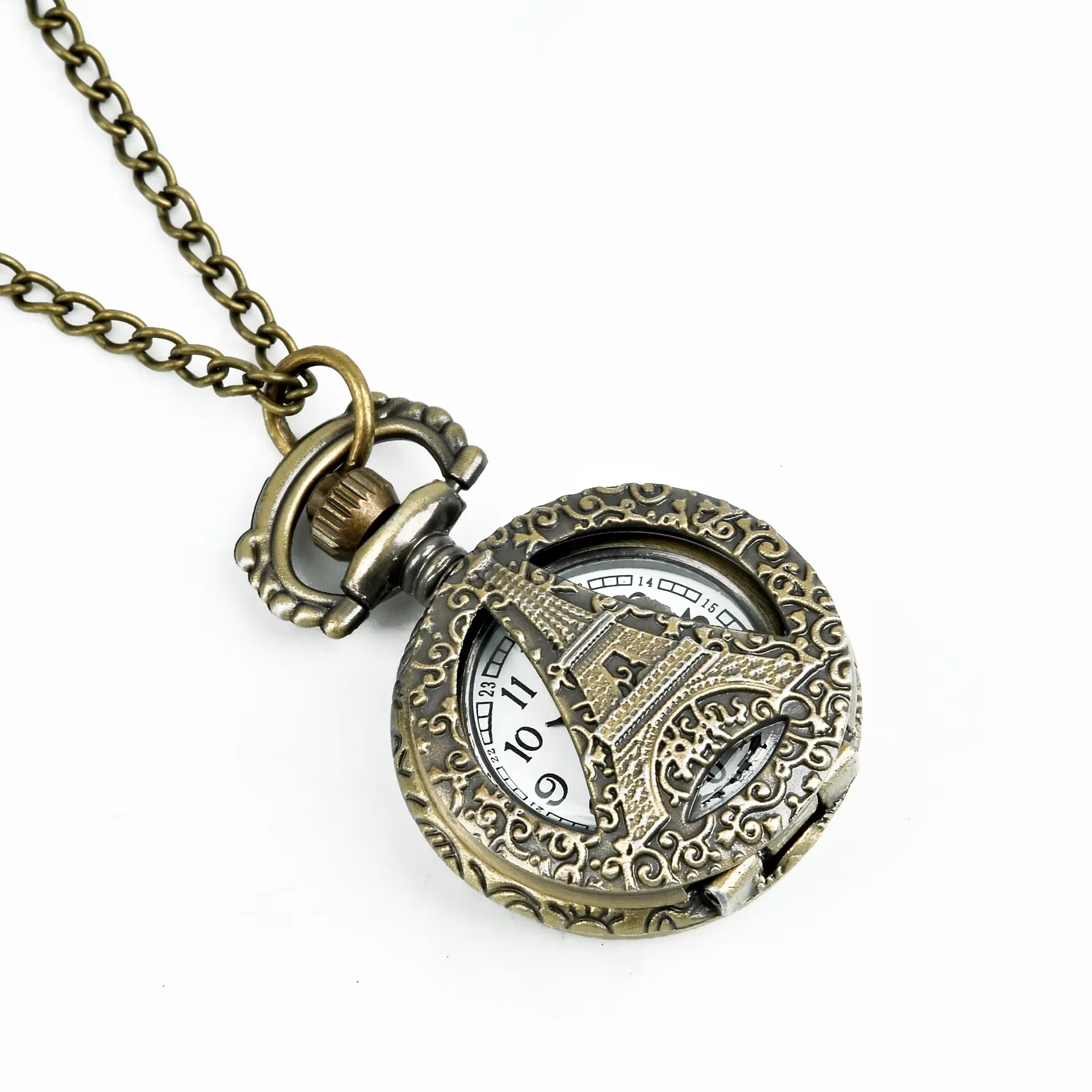 Small bronze hollow exquisite carved iron tower pocket watch