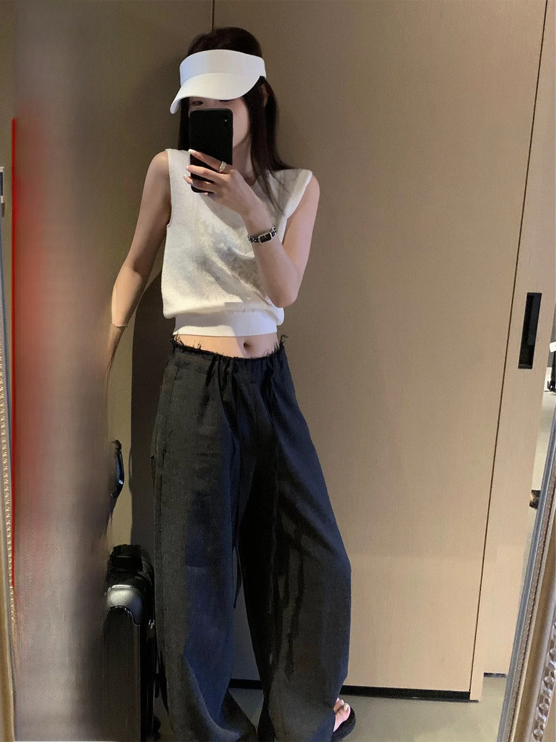 

Широкие брюки D YANGJUN для женщин, свободные льняные брюки с рваными краями и шнурком, повседневные прямые брюки в стиле BF, длинные брюки для отдыха