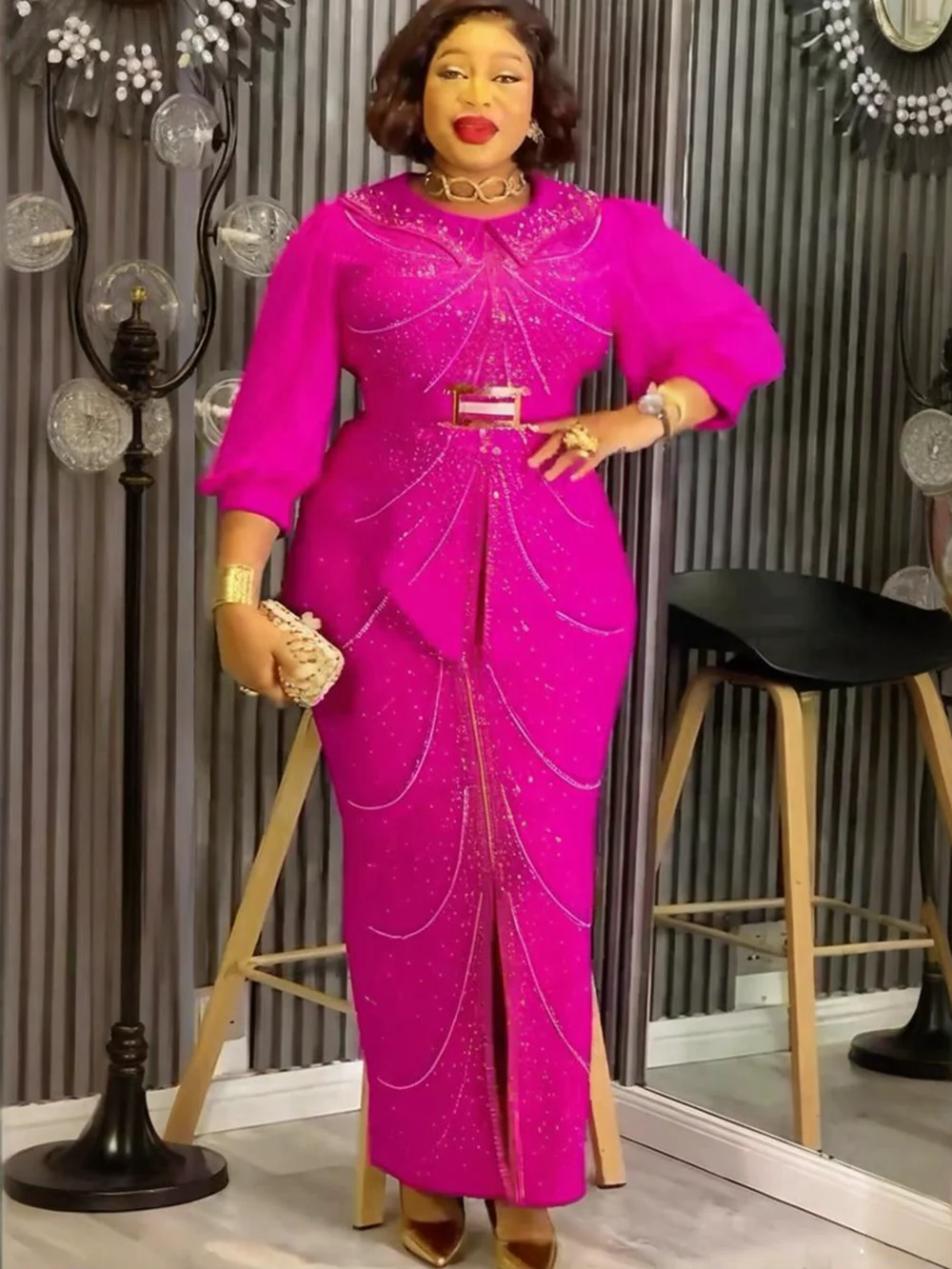 فساتين الحفلات الأفريقية مقاس كبير للنساء Dashiki Diamond Bodycon شق فستان طويل أنيق تركيا مسلم ثوب مسائي الزفاف