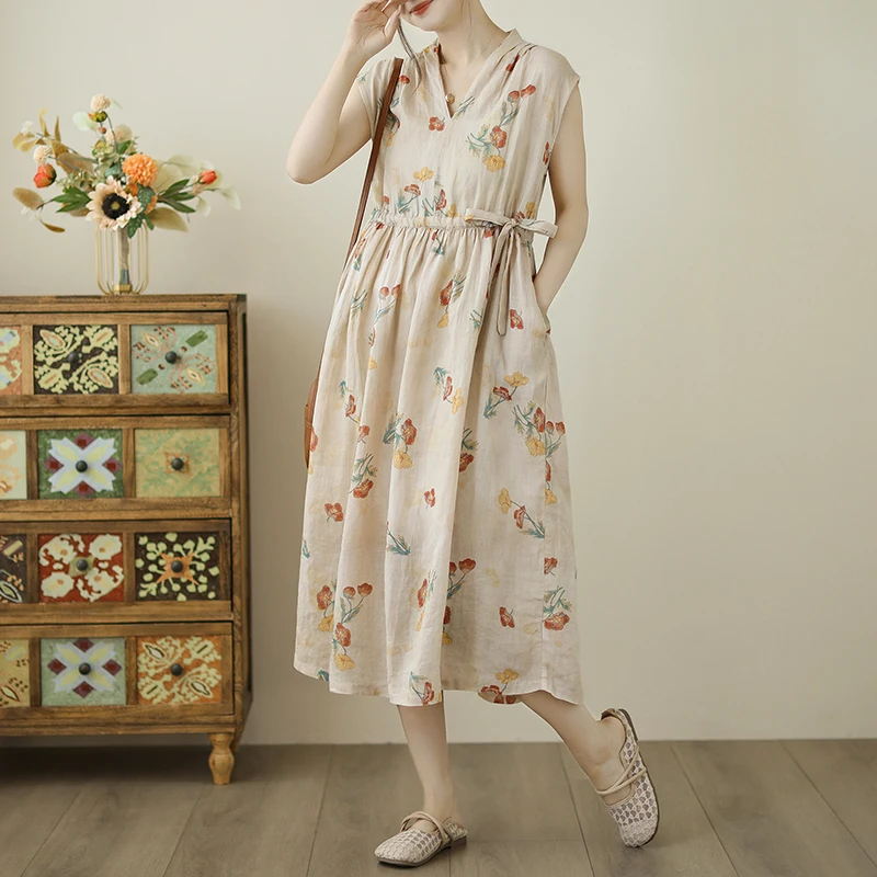 Robe longue en coton et lin pour femmes, imprimé Floral rétro, élégante, ample, décontractée, style Boho, plage, nouvelle collection été