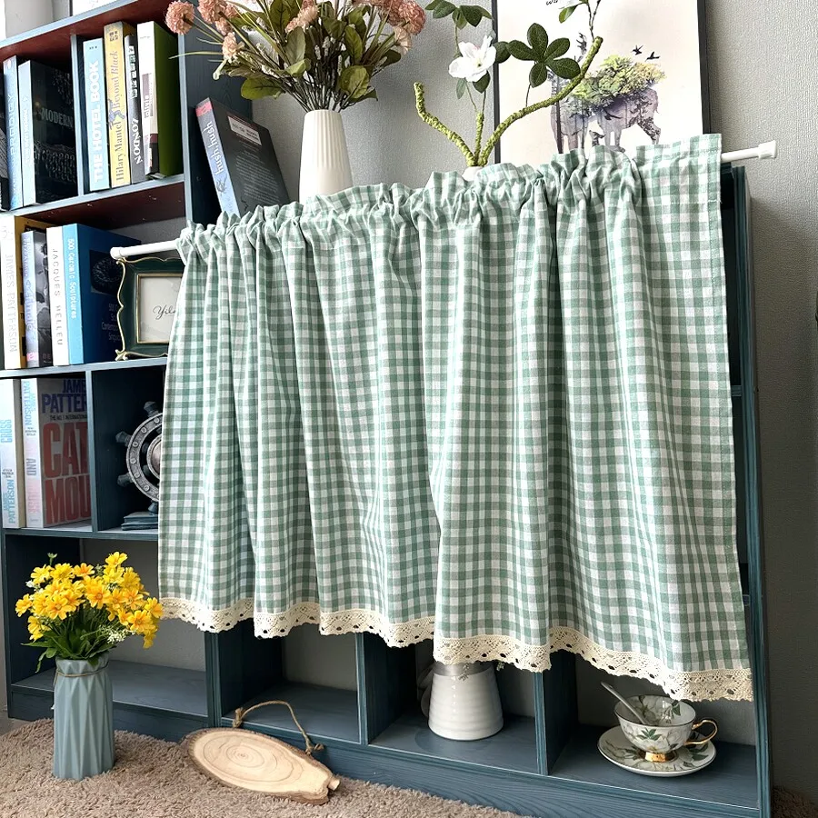 Green Plaid Cabinet Curtains Rustic Farmhouse Ready Made Short Curtain Window Valance Rod Pocket for Cafe Kitchen Home Decor