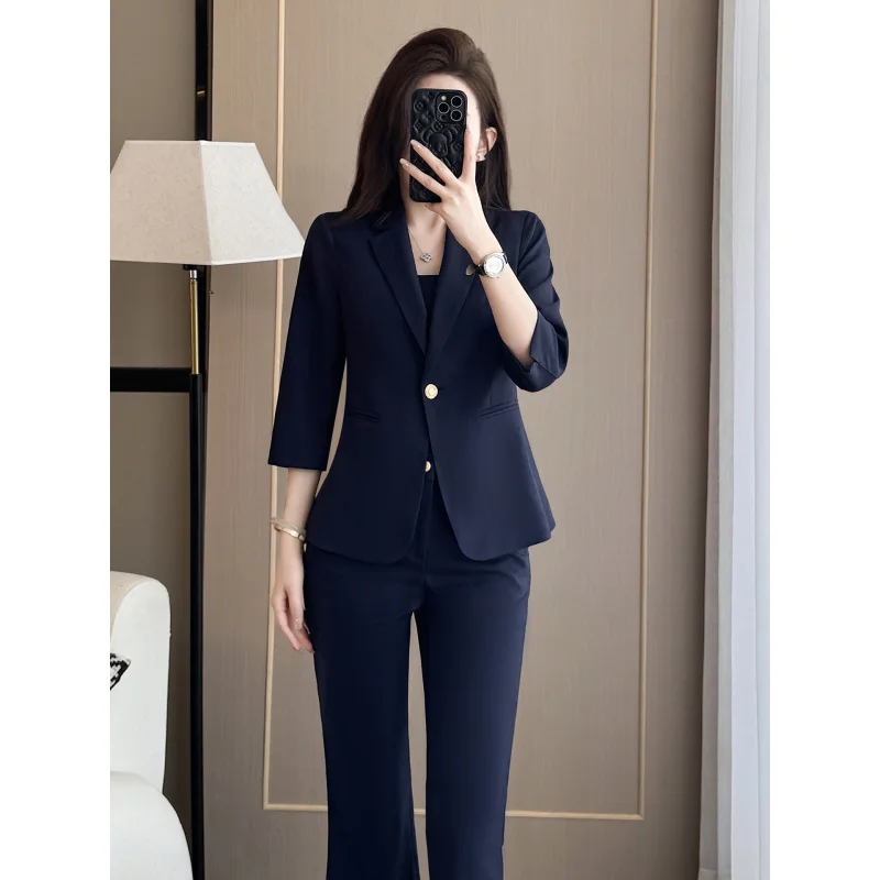Casual suit set for petite women, summer lightweight high-end professional attire, fashionable slim-fit two-piece suit