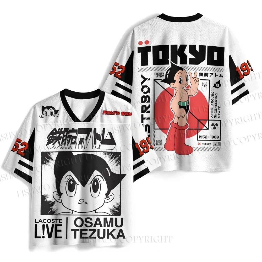 2026 Retro Astro Boy Osamu Tezuka Print Mesh Jersey T-shirt Men Oversized Streetwear V-Neck Casual Anime Short Sleeve Tops