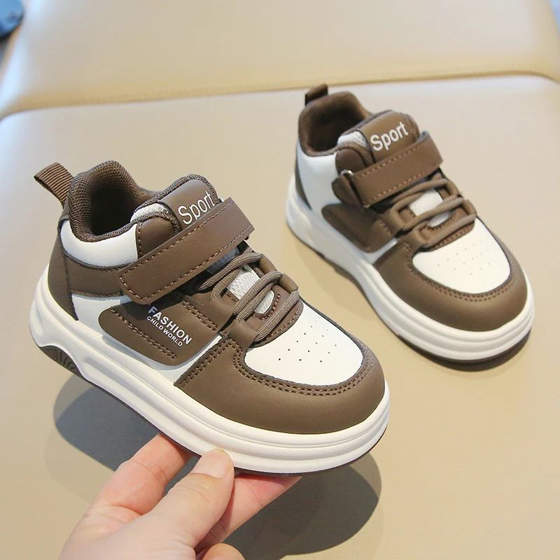 Comfy Kids Brown and White Color-Blocked Microfiber Leather High-Top Sneakers for Boys and Girls, Velcro Soft-Soled Non-Slip Lightweight Children's Shoes, Versatile and Comfortable Casual Shoes for Older Children and Students for Spring and Autumn, Suitable for Daily School and Outings