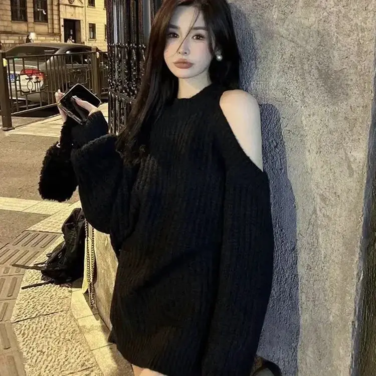 Korean Style Off-Shoulder Knitted Sweater Women Autumn Winter New Comfortable Lazy Style Mid-Length Long-Sleeved Pullover Top