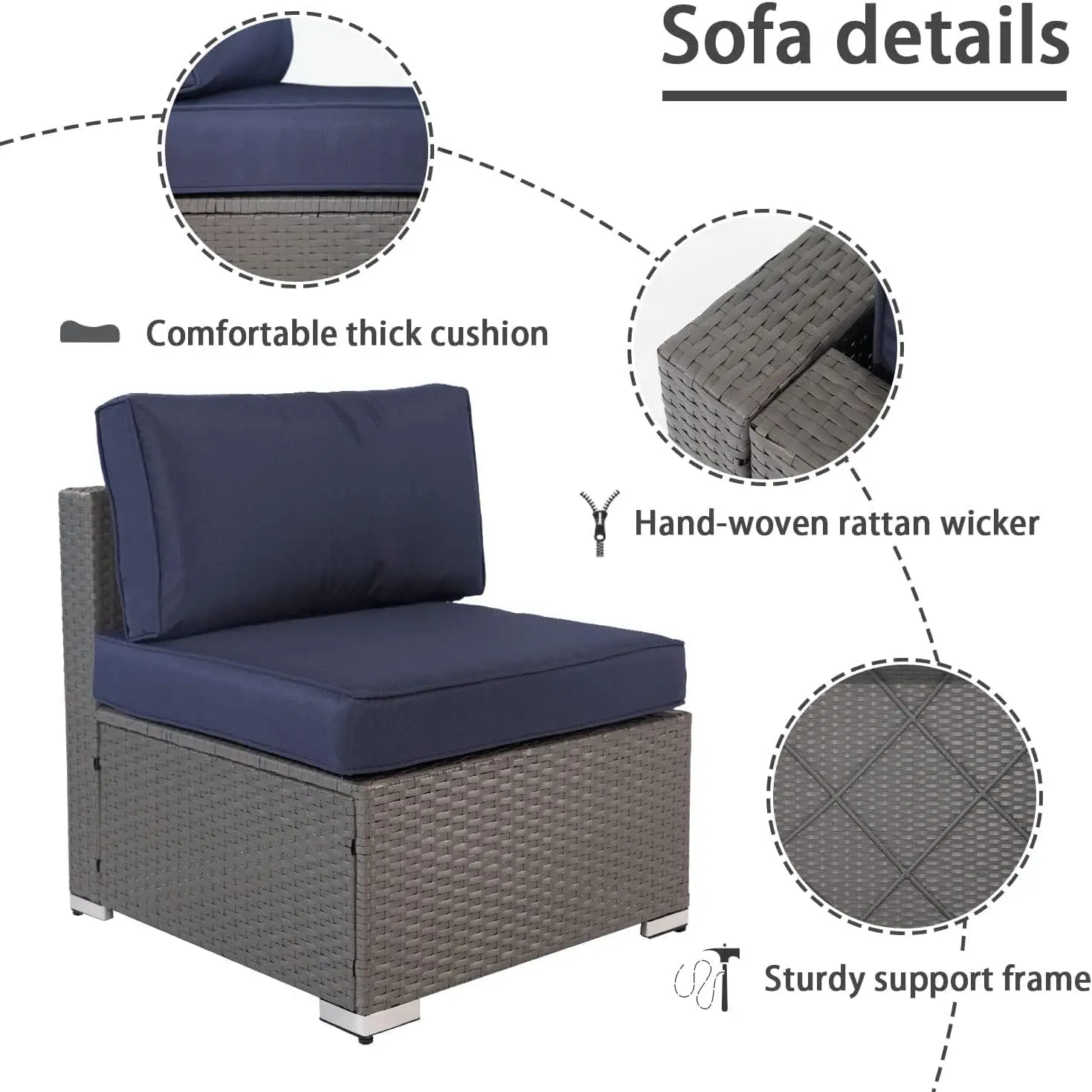 Mobília ao ar livre do pátio Sofá Set, Grey Rattan Wicker, Conjuntos de Conversa Seccional, Mesa de Vidro e Almofadas, 7 Pcs