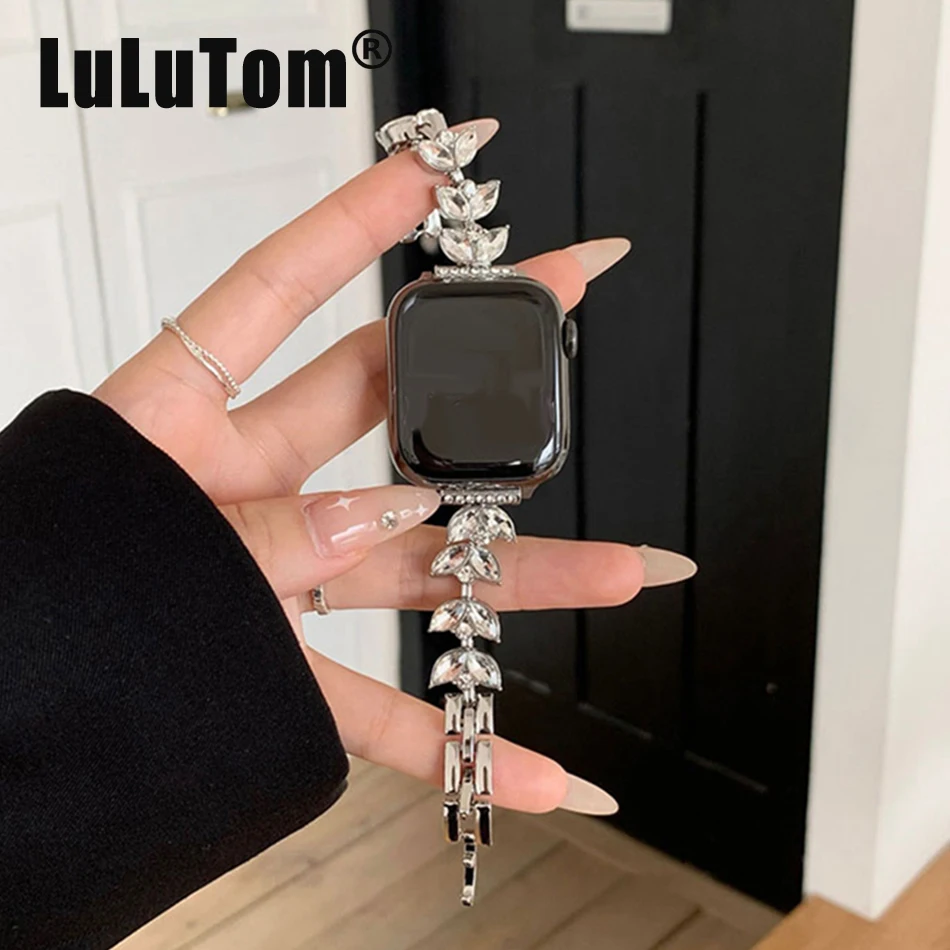 

Металлический ремешок для Apple Watch UItra 8 7 49 мм 45 мм 44 мм Роскошный браслет с бриллиантовыми листьями для серии iWatch 6 5 SE 4 3 42 мм 40 мм 38 мм