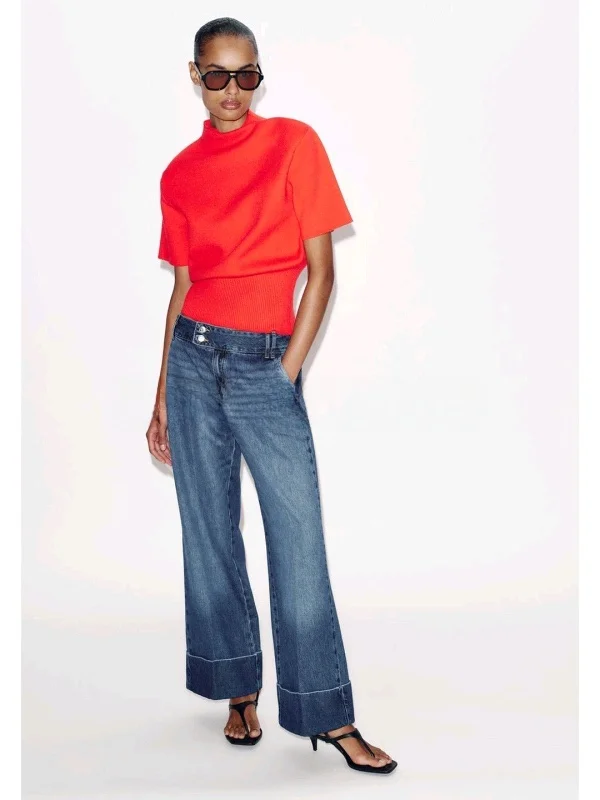 Low Waist Straight Leg Casual Style Jeans Summer Women's Fashion Cuffed Hem Denim Pants Polyester Fiber Button Closure