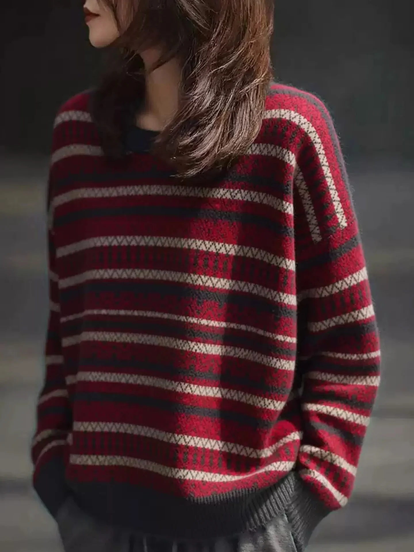 Faionable Thiened Cisas Roter Pullover 2025, Winter, lässig, locker, lang, S Sve, gestrickt, irt, vielseitig, bequem, Damen...