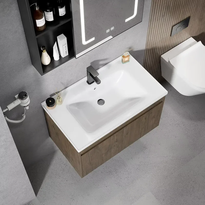 STLF Ceramic Sink Bathroom Vanity with Rock- Slab Stone Cabinet Washbasin Smart LED Ceramic Sink and White Ceramic Top for