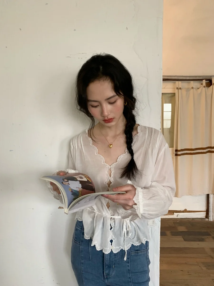 

White Handmade Embroidery Lace Sexy Deep V-neck Tie Shirt French Style Loose Fit Long Sleeve Cotton Pure Color Summer
