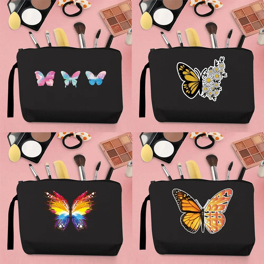 

Classic Woman Makeup Brush Storage Bag Coin Purse Canvas Clutch Beautiful Butterfly Pattern Print Portable Kawaii Storage Black