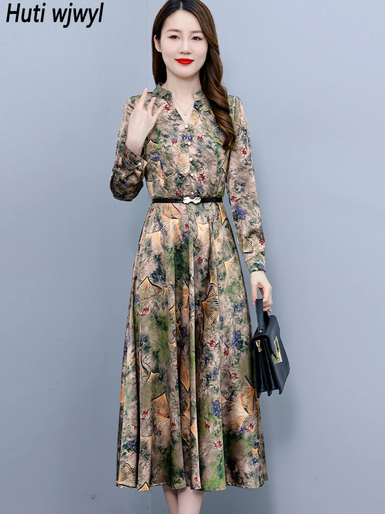 

Женское атласное платье-миди с цветочным принтом, Осень-зима