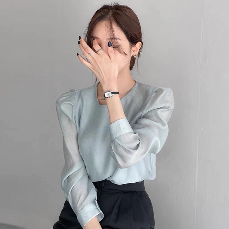 스위트 시크 투명 버블 스웨트 라운드 네 롱 스웨트 베이스 여성 패션 출퇴근룩 한국 버전 스트레이트 컷