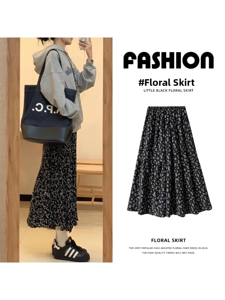 Black Floral A-Line Midi Skirt High Waist plus Size Women's Spring Autumn Winter Floral Print Commute Style Casual Long Sleeve