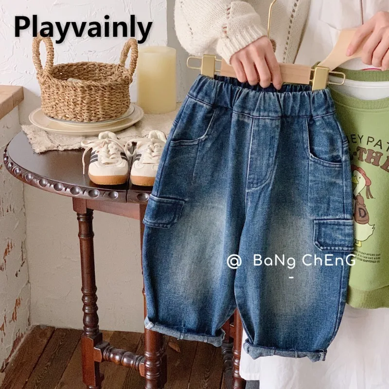 

Весенне-осенние повседневные свободные джинсы для маленьких девочек и мальчиков, синие широкие брюки с эластичной резинкой на талии и большим карманом, модная детская одежда A0023