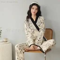 Cotton Women Pajamas Set Spring Autumn Kimono Cardigan Pants Sleepwear Two Piece Set Print Flower Trouser Suits Home Clothes