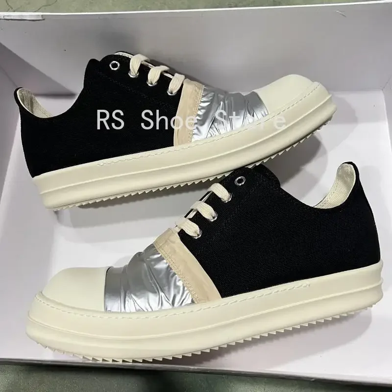

Ro Men Casual Shoes Black Canvas Silver Pleated Low Top Shoe Sneaker Thick Sole Lace Up Luxury Women Sneakers