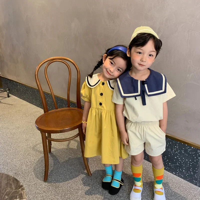 Summer Brother Sister Matching Clothes For Boy And Girl Outfit Little Girls Cotton Dress Children Top+Short Set Korean Kids Suit