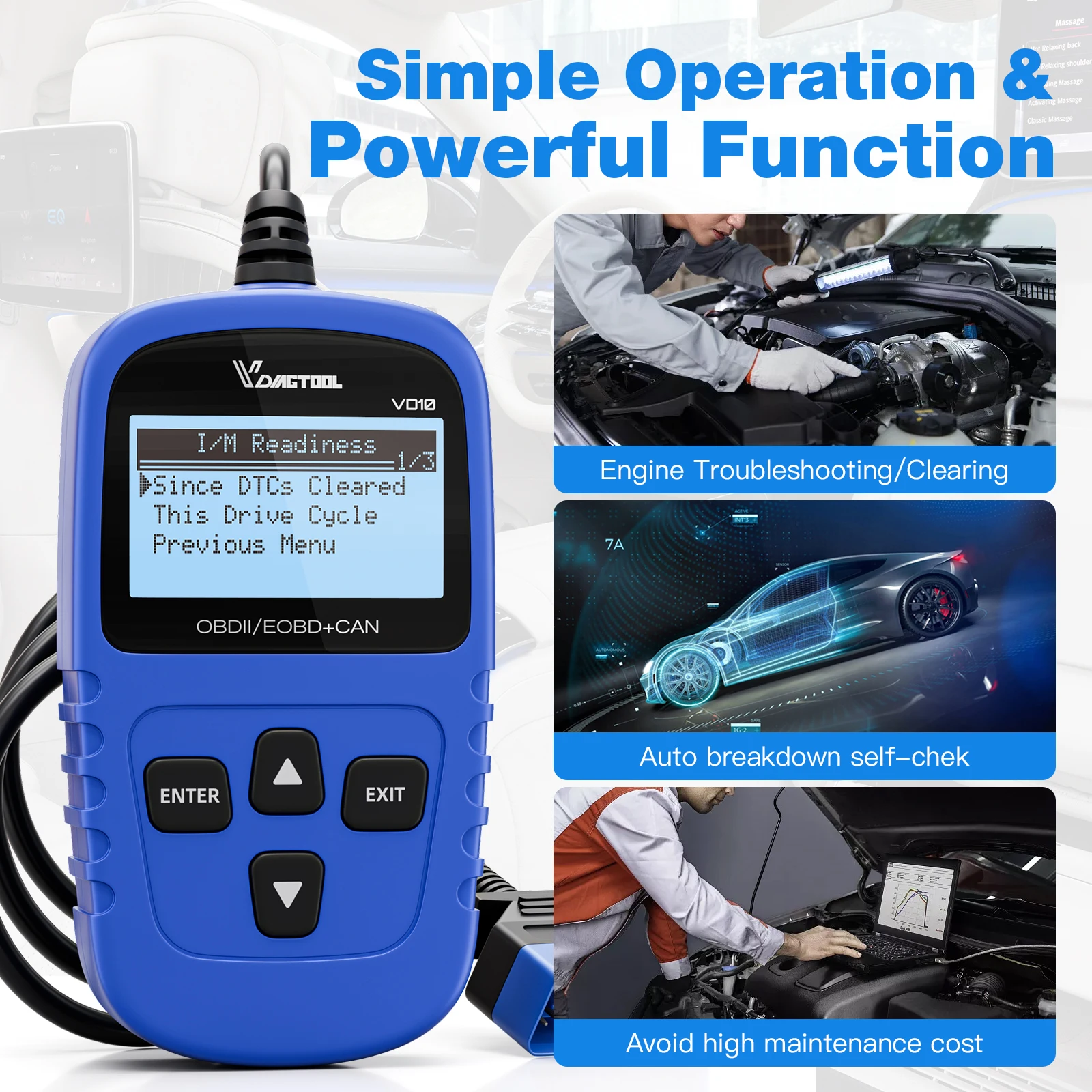 VDIAGTOOL VD10 OBD2 Scanner Strumento diagnostico Scanner automobilistico con lettore di codici di lettura I/M Controlla l\'aggiornamento gratuito a