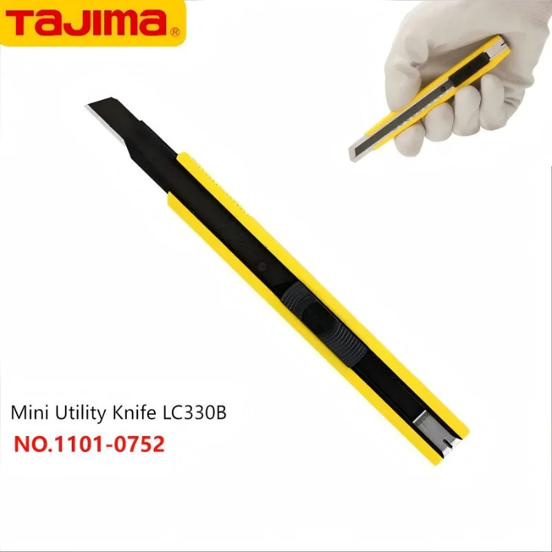 TAJIMA LC330B Mini Utility Knife with 9mm Wide A-Style Stainless Steel Blade and Auto Lock Push Button Cutting Tool 1101-0752