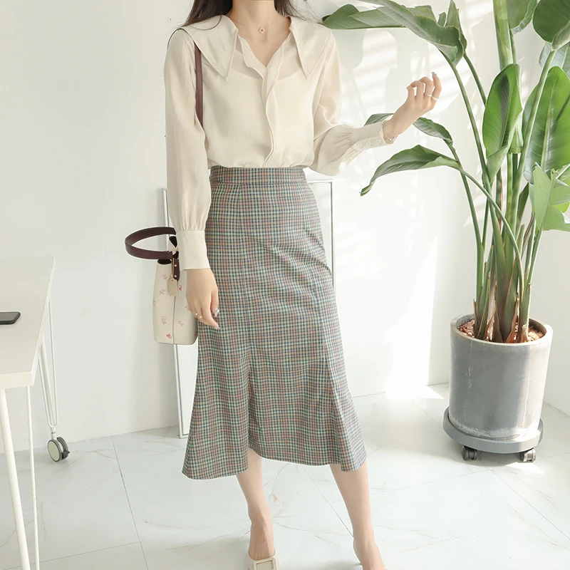 

Busin Commute Slimming High Waist Midi Skirt Fi Tail f Skirt Korean Sle Zipper Design Plaid Pattern Women's Skirt