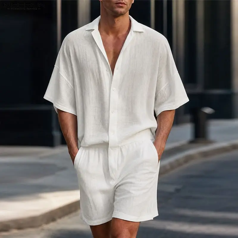 INCERUN Men's Jumpsuits Solid Color Lapel Short Sleeve Rompers For Man Shorts Streetwear Summer 2026 Loose Casual Male Overalls