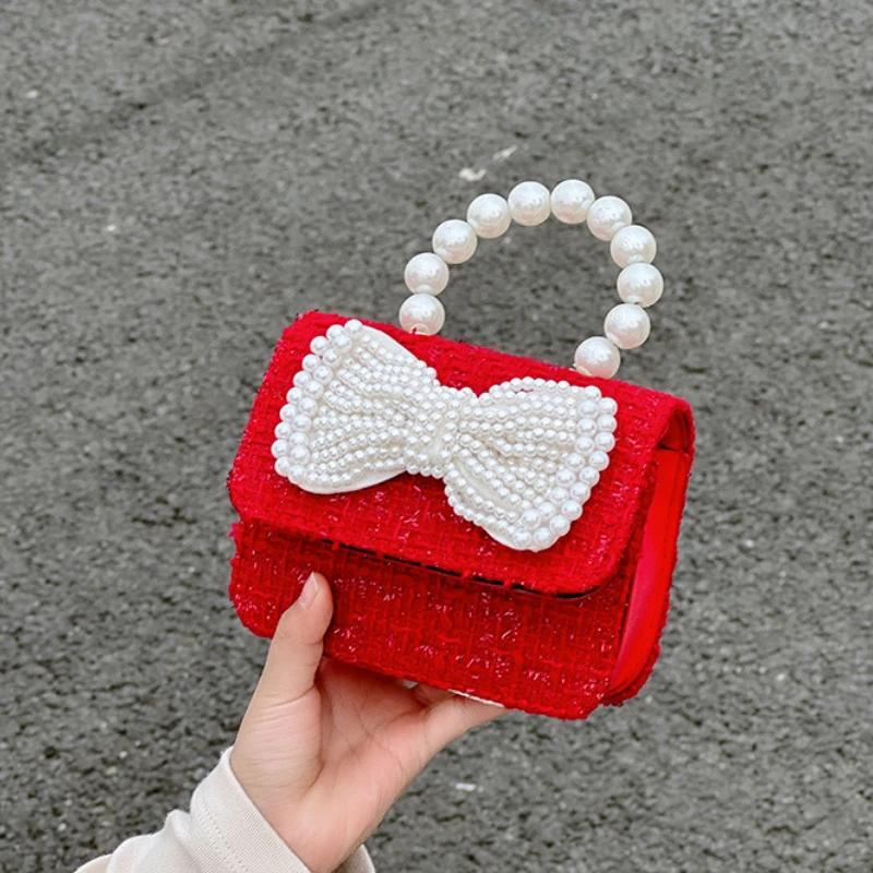 Fashion Design Square Mini Children\'s Shoulder Bag Sweet Bow Flower Girl Messenger Bags Luxury Pearl Handle Kid Change Purse