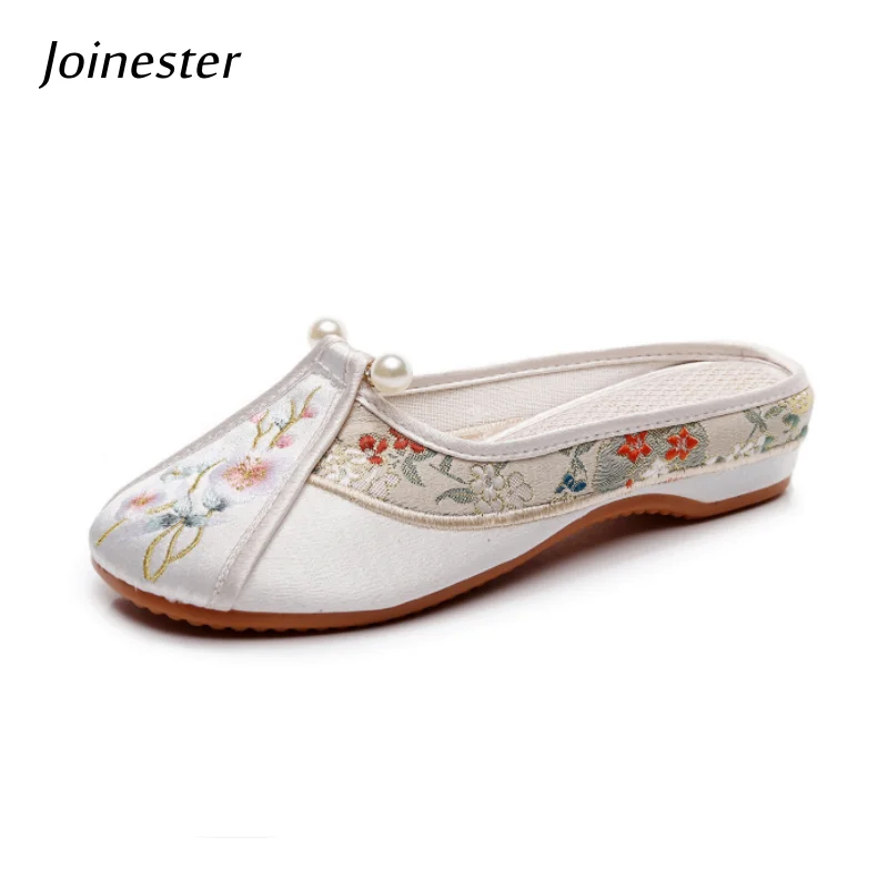 

Women Round Toe Embroidered Summer Slipper with Pearls Ladies Vintage Dress Mules Breathable Comfort Linen Slides