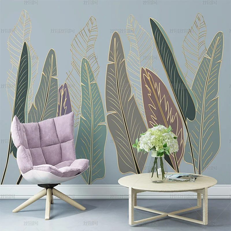 Customized product 3D Nordic simple tropical plant leaves gold line wallpaper living room background dining room bedroom mural