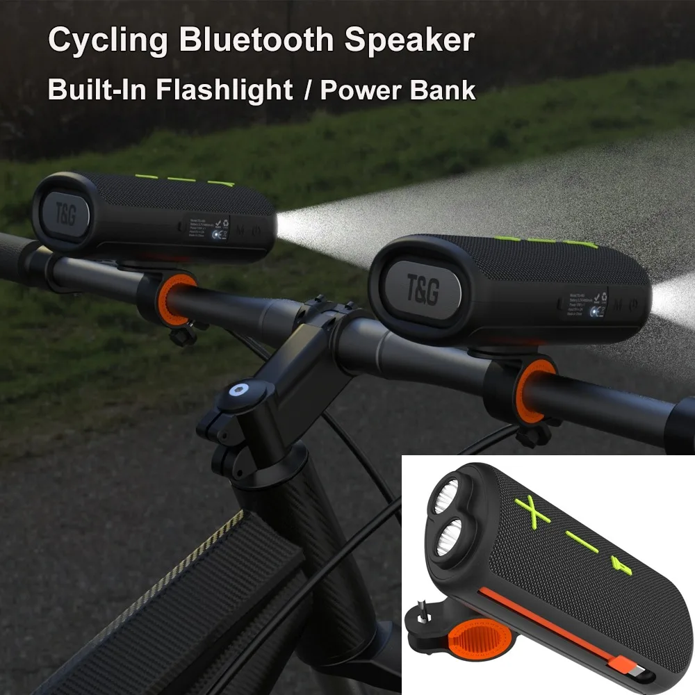 Multifunctional Outdoor Cycling Bluetooth Speaker, IPX5 Waterproof Bike Mount Audio, Built-In Flashlight 4800mAh Power Bank