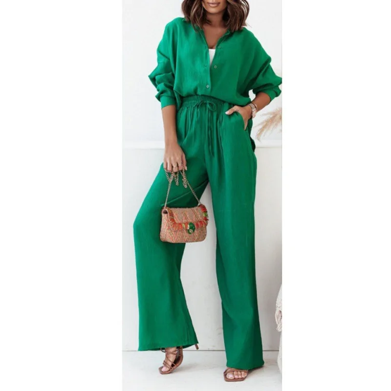 

JY 2024 new casual office shirt two-piece set solid color loose top pants elastic waist fashionable wide leg pants set