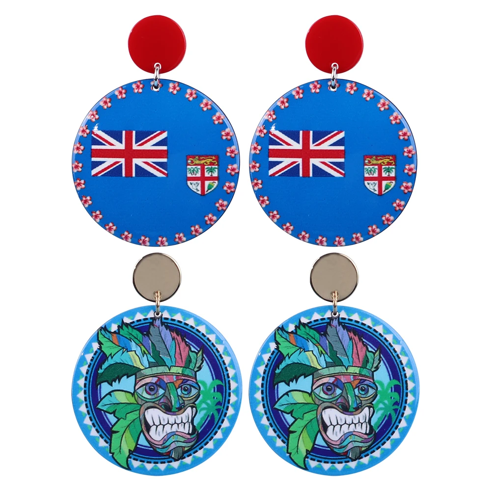 2023 Trendy Round Union Flag Flower Shield Acrylic Earrings for Women Aboriginal Chief Face Feather Drop Earring Vintage Jewelry