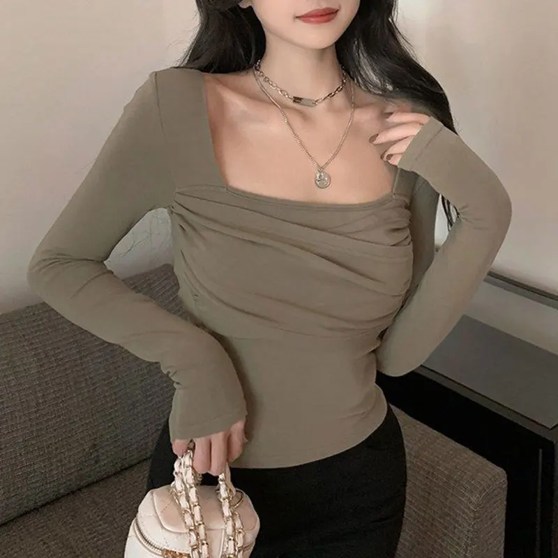 Women's Autumn Fashion Simplicity Solid Color Square Collar Long Sleeve T-Shirt Women Clothes All-match Elegant Temperament Tops