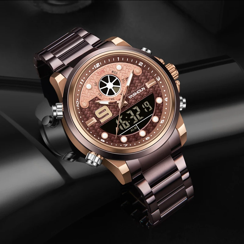 

YASHIDUN светодиодные цифровые часы для мужчин, спортивные кварцевые наручные часы из нержавеющей стали, военные водонепроницаемые светящиеся деловые часы, мужские