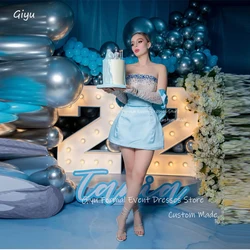 Giyu 2024 Sparkly Glitter Blue Short Prom Party Dresses Beads Crystal Long Sleeves Mini Cocktail Dress Event Night Gowns