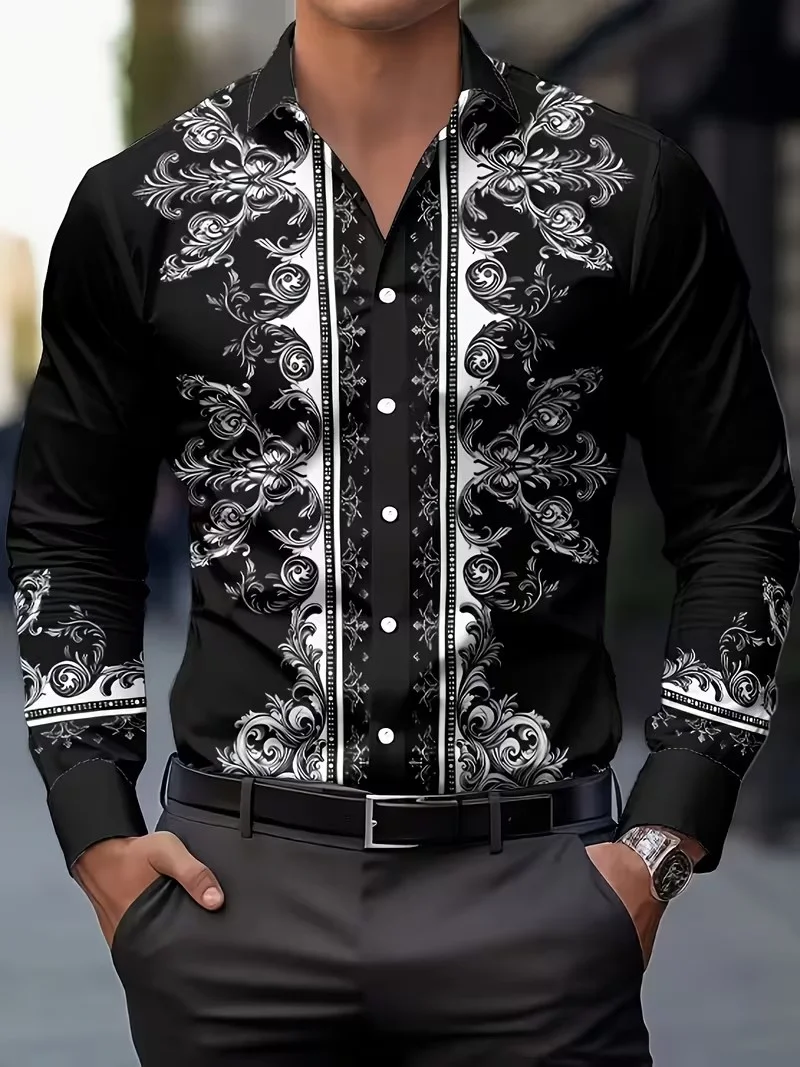 Men's long-sleeve shirt with black Baroque-style pattern print, fashionable style, suitable for parties and outdoor wear.