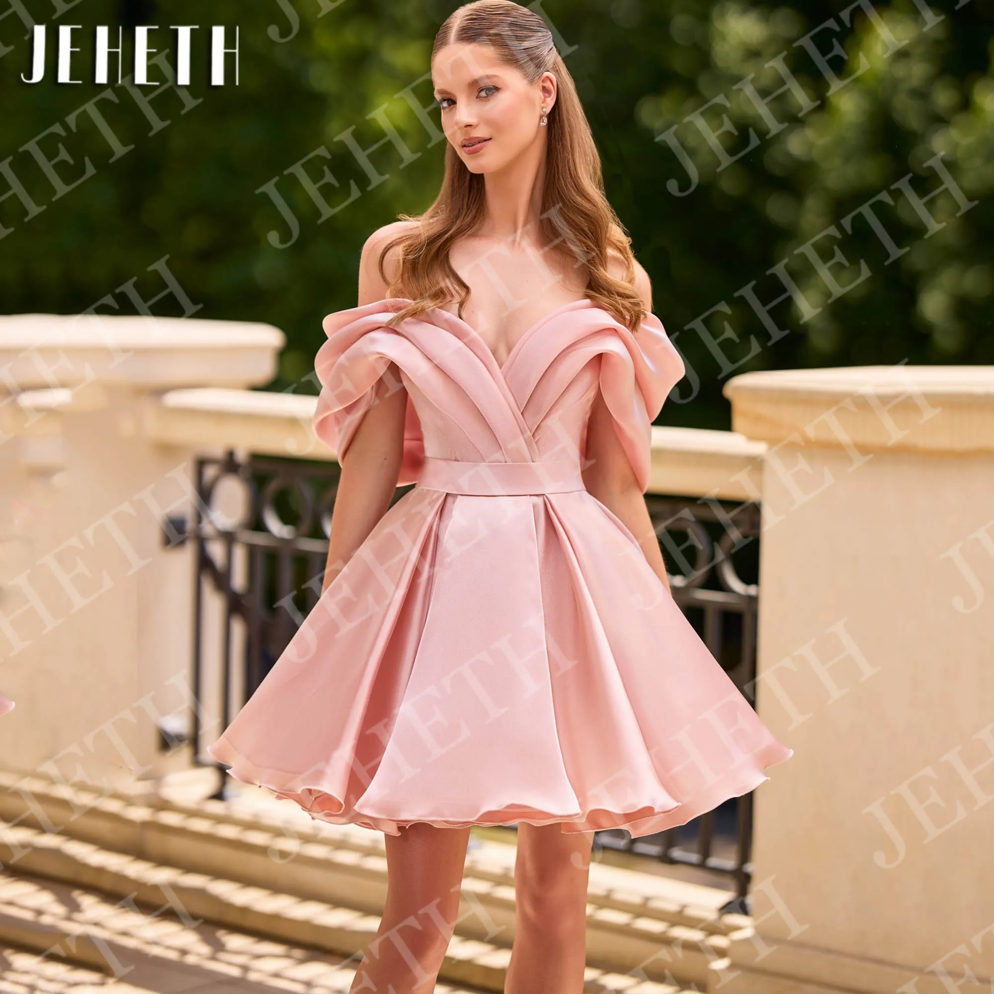 

JEHETH Simple Mini Prom Party Dresses Off the Shoulder Short Elegant Satin Homecoming Dress Pink Customized vestidos de fiesta