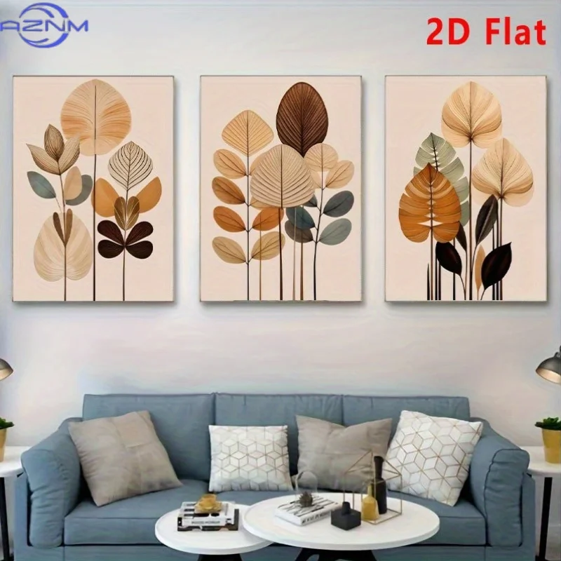 2D Flat 3pcs Bohemian Abstract Leaf Art Plant Poster Pattern Wall Decoration Hanging Painting Suitable Adults Unframed Very fo