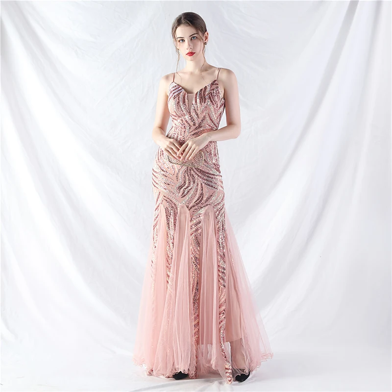 2025年夏 セクシーワンピース レディース スパゲッティストラップ バックレス スパンコール メッシュ カクテル プロム ボールガウン イブニングパーティー ロング マキシドレス