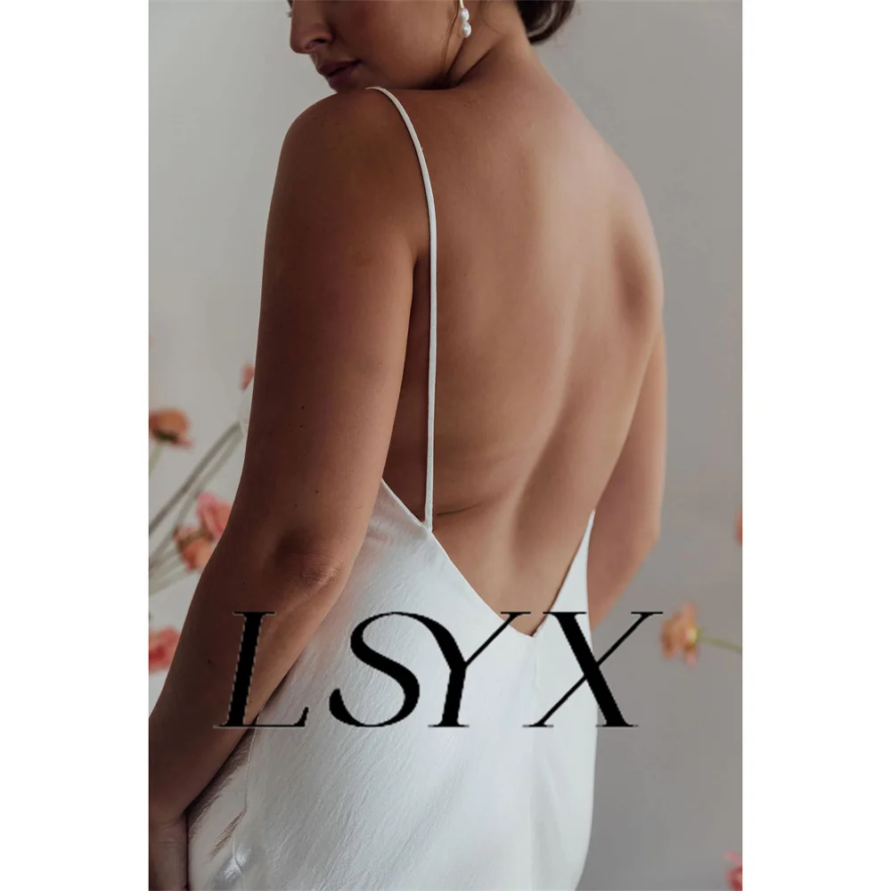 LSYX-Vestido de Noiva Sereia Sem Mangas, Decote Em V, Simples, Correias De Espaguete, Costas Abertas, Trem Tribunal, Até O Pavimento, Vestido De Noiva, Custom Made