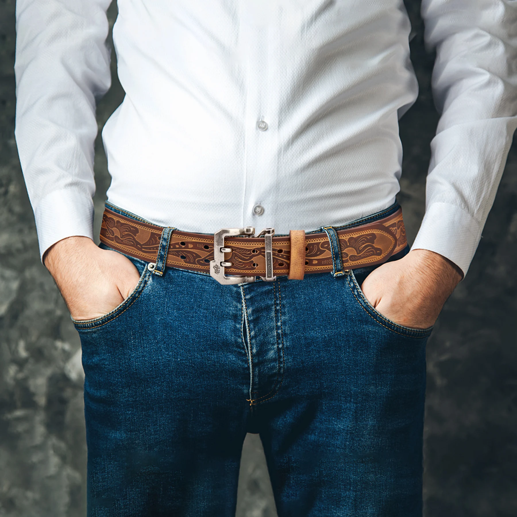 BISON-Cinturón de mezclilla para hombre, correa de cuero genuino de alta calidad, hebilla de Pin de lujo, elegante, Vintage, Jeans