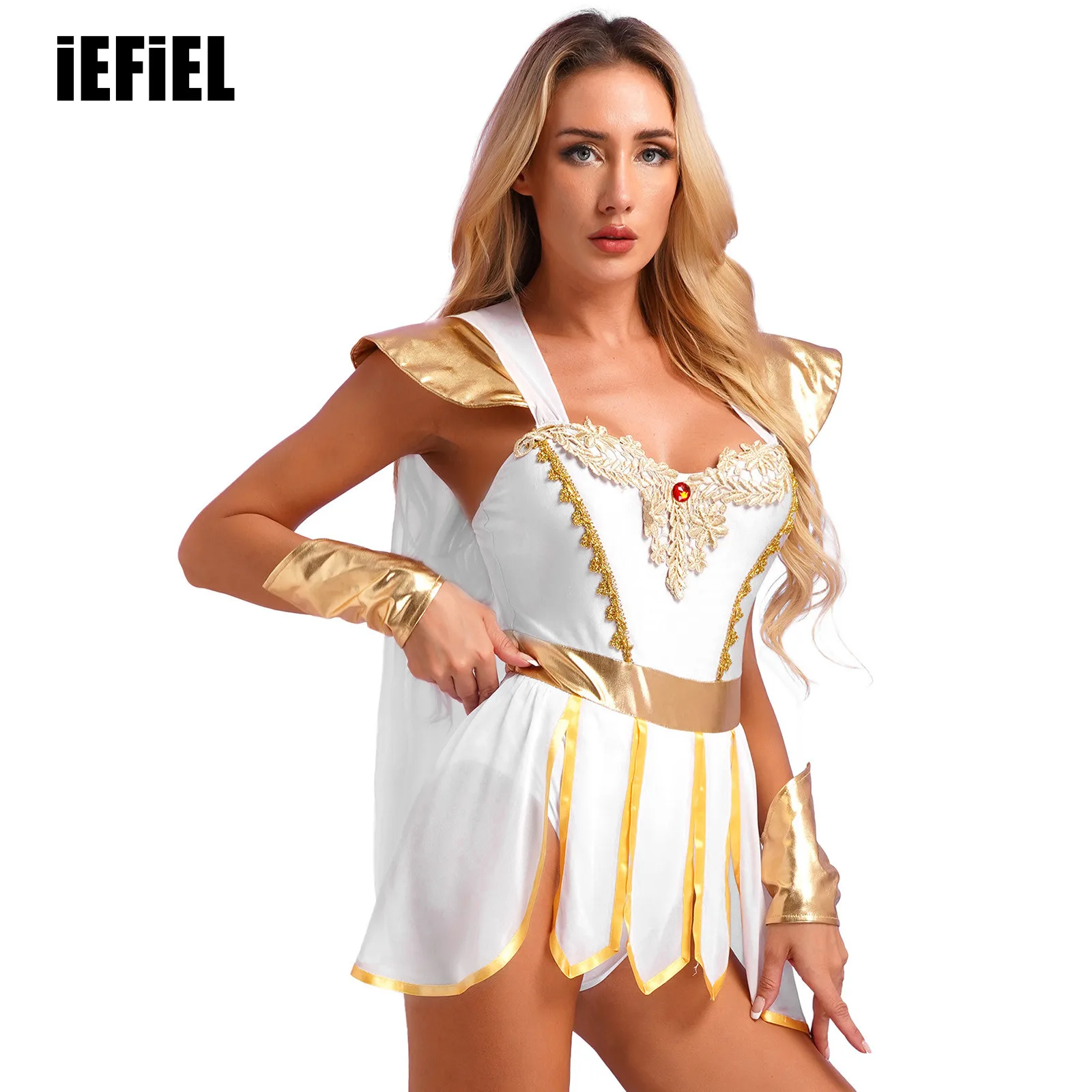 

Womens Ancient Roman Bodysuit Toga Costumes Integrated Cape Petal Skirt Bodysuit with Metallic Wristbands for Halloween Dress-Up